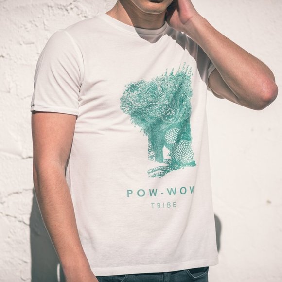 POW WOW Tribe Tan Through T-Shirt Green Logo - Picture 4 of 5